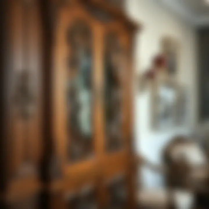 Elegant antique walnut showcase displaying intricate carvings.