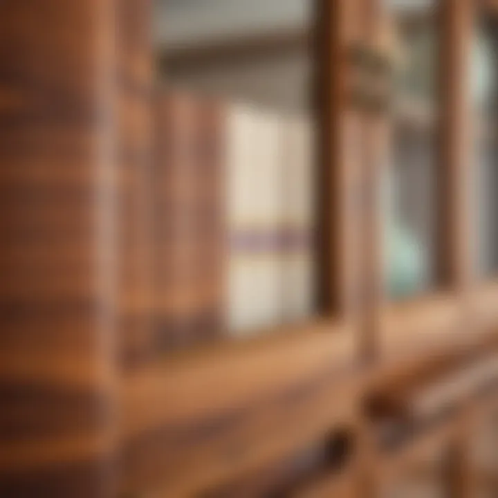 Close-up view of the wood grain on an antique walnut vitrine.