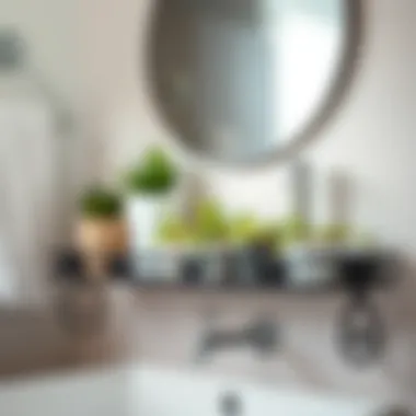 Close-up view of a decorative iron shelf with plants in a chic bathroom