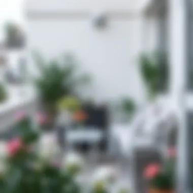 Well-maintained white balcony set surrounded by flowers