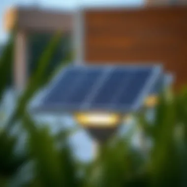 Close-up of a solar panel integrated into garden lighting fixtures