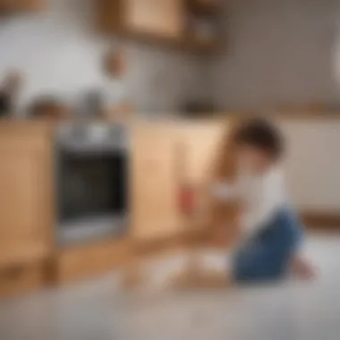 Child engaging with a wooden kitchen toy