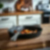 A beautifully seasoned cast iron grill pan resting on a wooden kitchen counter