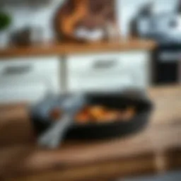 A beautifully seasoned cast iron grill pan resting on a wooden kitchen counter