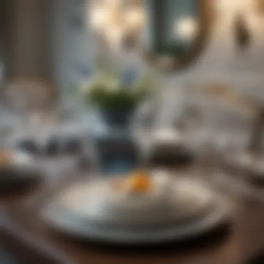 Elegant dining setup with English decorative plates as centerpieces.