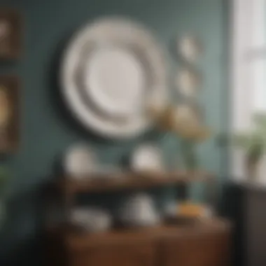 Stylish arrangement of decorative plates on a vintage shelf enhancing the room's aesthetics.
