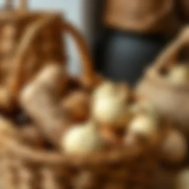 A beautifully woven basket showcasing potatoes and onions, symbolizing tradition and craftsmanship.