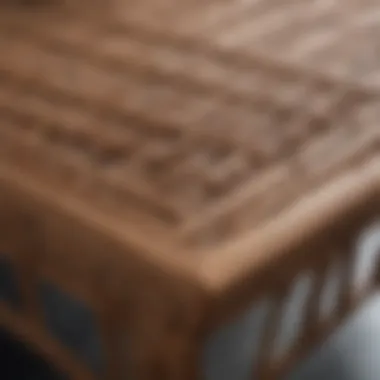 Close-up view of intricate rattan weaving on a coffee table