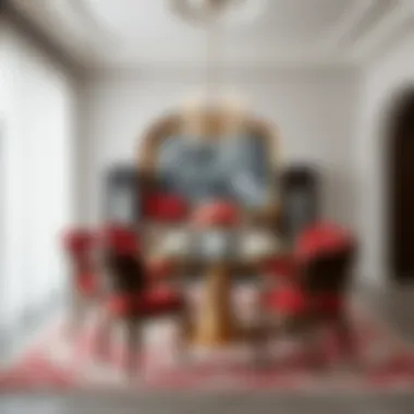 Stylish dining area featuring red chair cushions and elegant decor