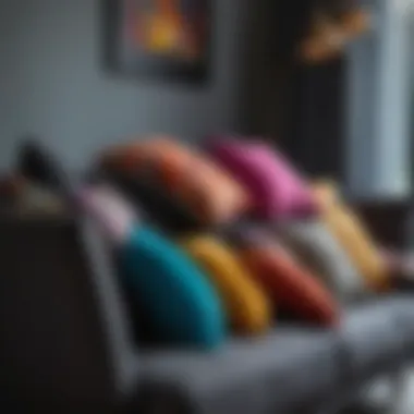 Colorful cushions enhancing a dark gray sofa's elegance