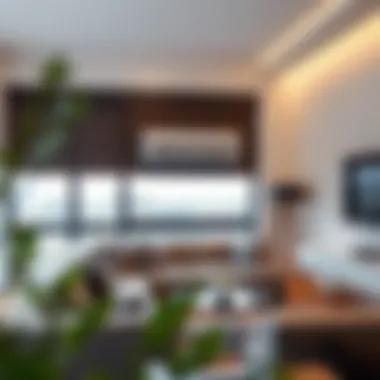 A sleek mobile air conditioner window bracket set up in a modern living room