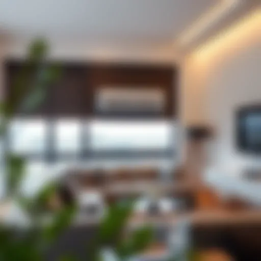 A sleek mobile air conditioner window bracket set up in a modern living room