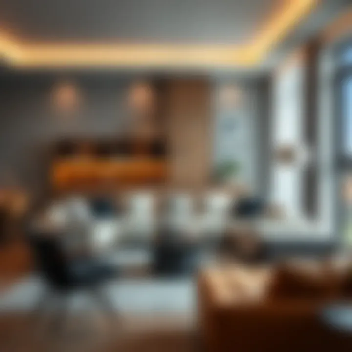 Modern living room showcasing furniture with stylish band applications