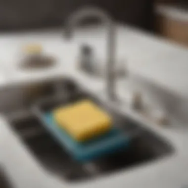 An organized kitchen sink area with a stylish sponge rack.