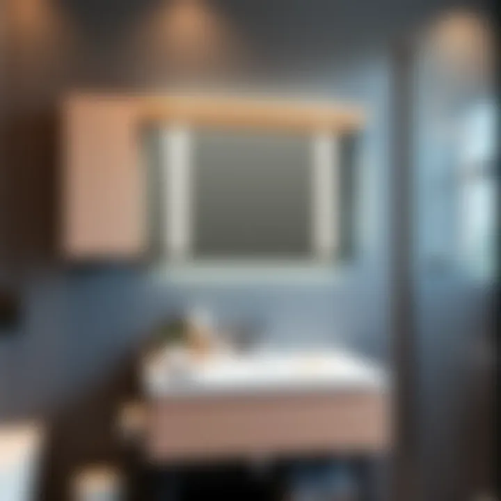 Contemporary design of a bathroom with a stylish shelf mirror