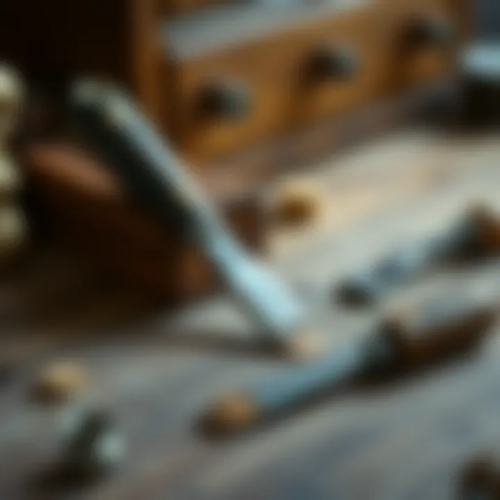 Detail of restoration tools used on antique walnut showcases.