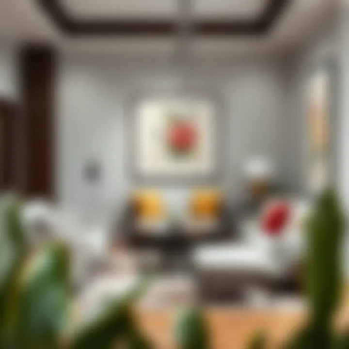 Modern living room featuring antique embroidery art