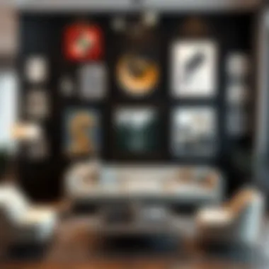 An elegant black-themed gallery wall showcasing diverse art styles