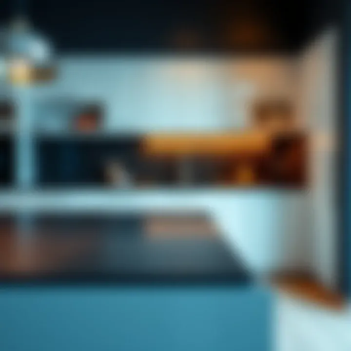 Stylish contrast between a dark countertop and bright cabinets