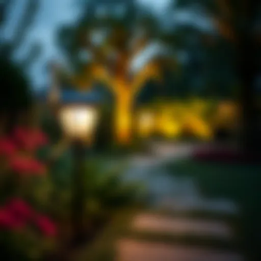 Solar-powered garden lighting illuminating a lush garden at dusk