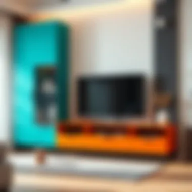 Contemporary TV unit featuring bold colors and innovative storage solutions