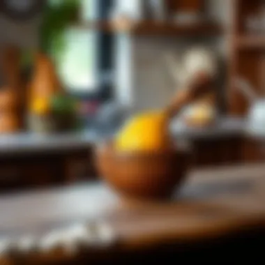 Artisan wooden lemon squeezer on a rustic kitchen countertop