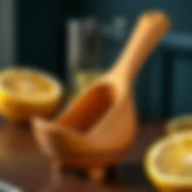 Close-up of a beautifully designed wooden lemon squeezer