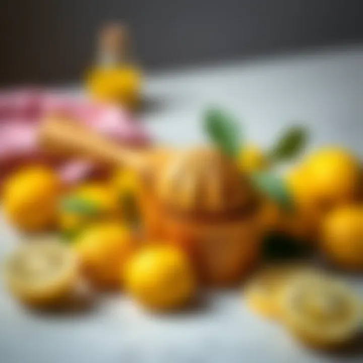 Elegant wooden lemon squeezer surrounded by fresh lemons