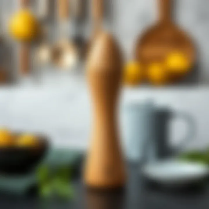 Stylish wooden lemon squeezer displayed with kitchen utensils