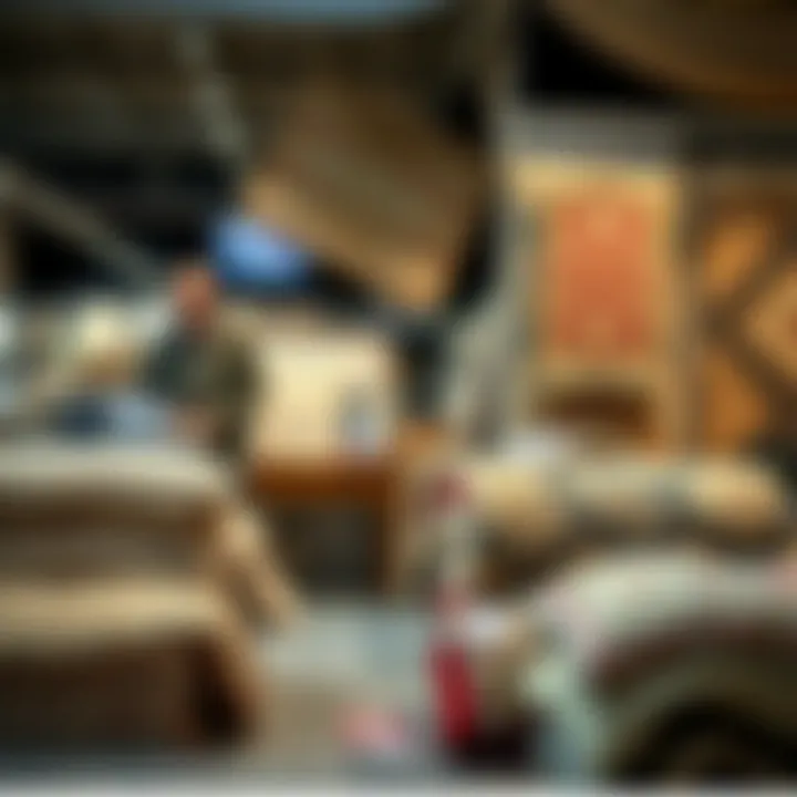 A market display of various wool rugs for sale